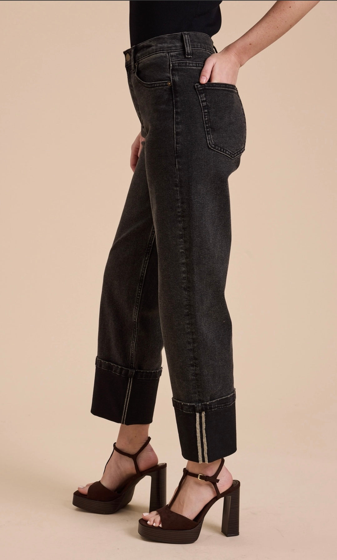 Cuffed Borrom Black Denim Pants