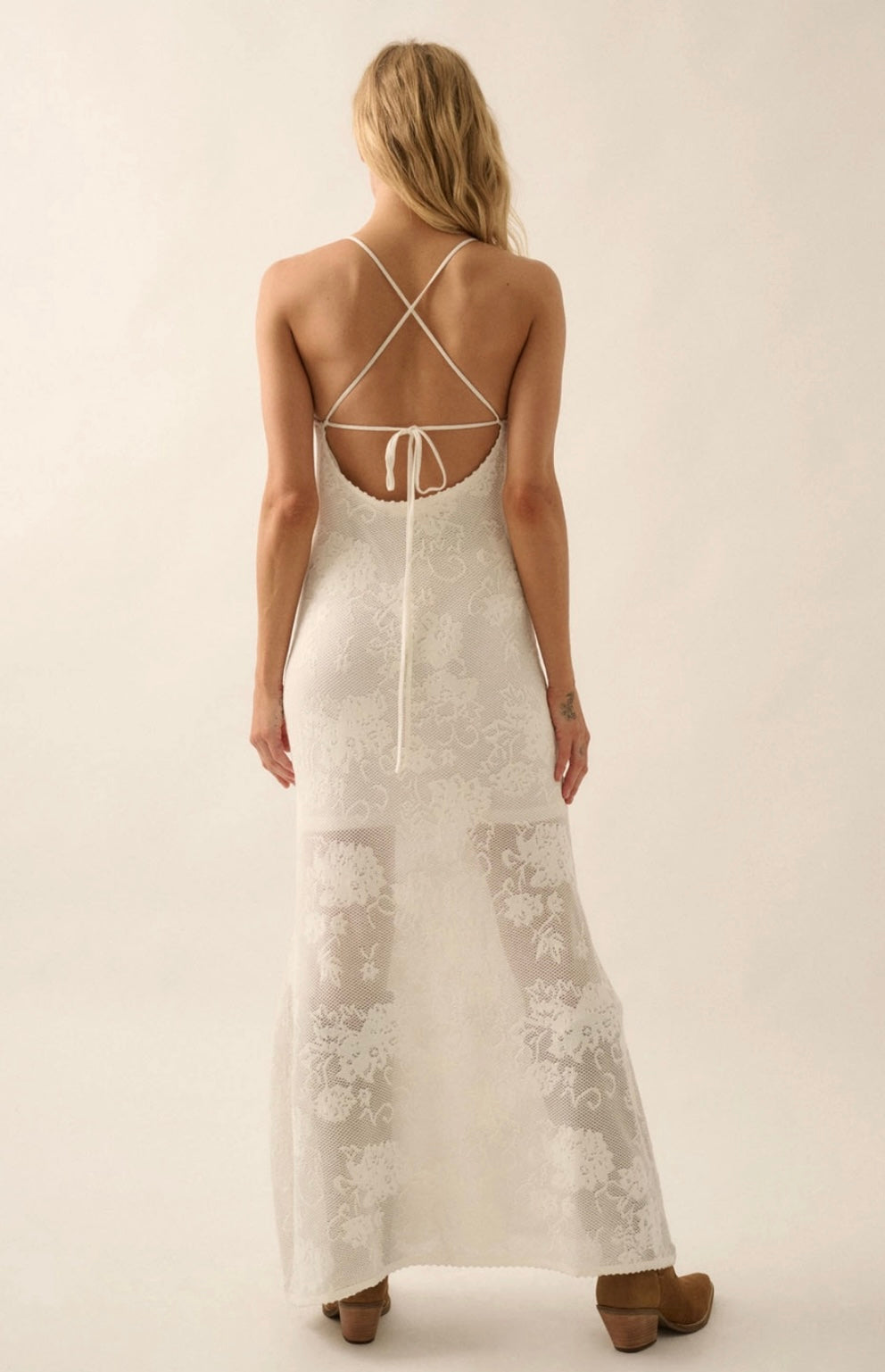 Floral Crochet-Knit Lace Halter Maxi