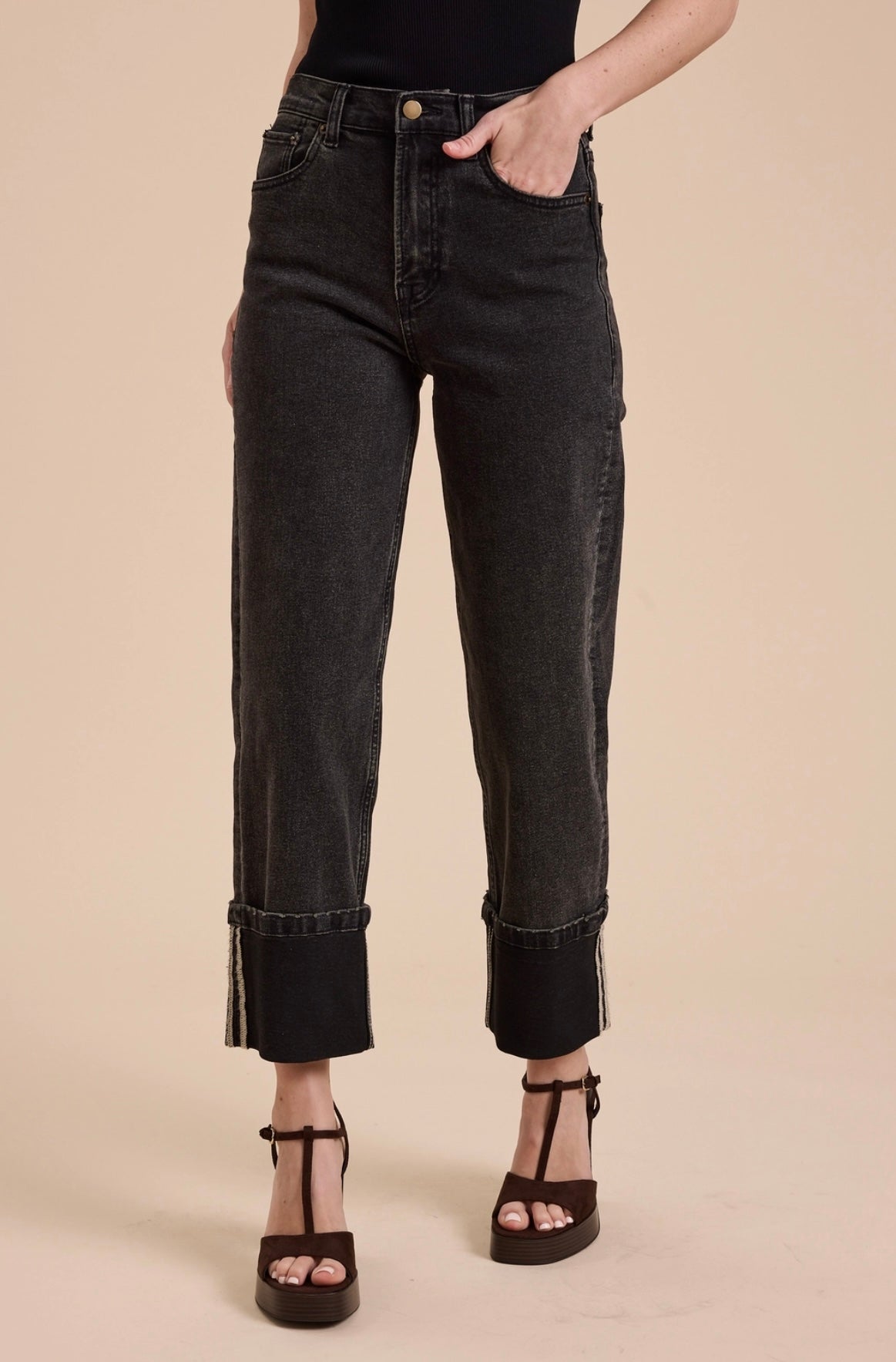 Cuffed Borrom Black Denim Pants