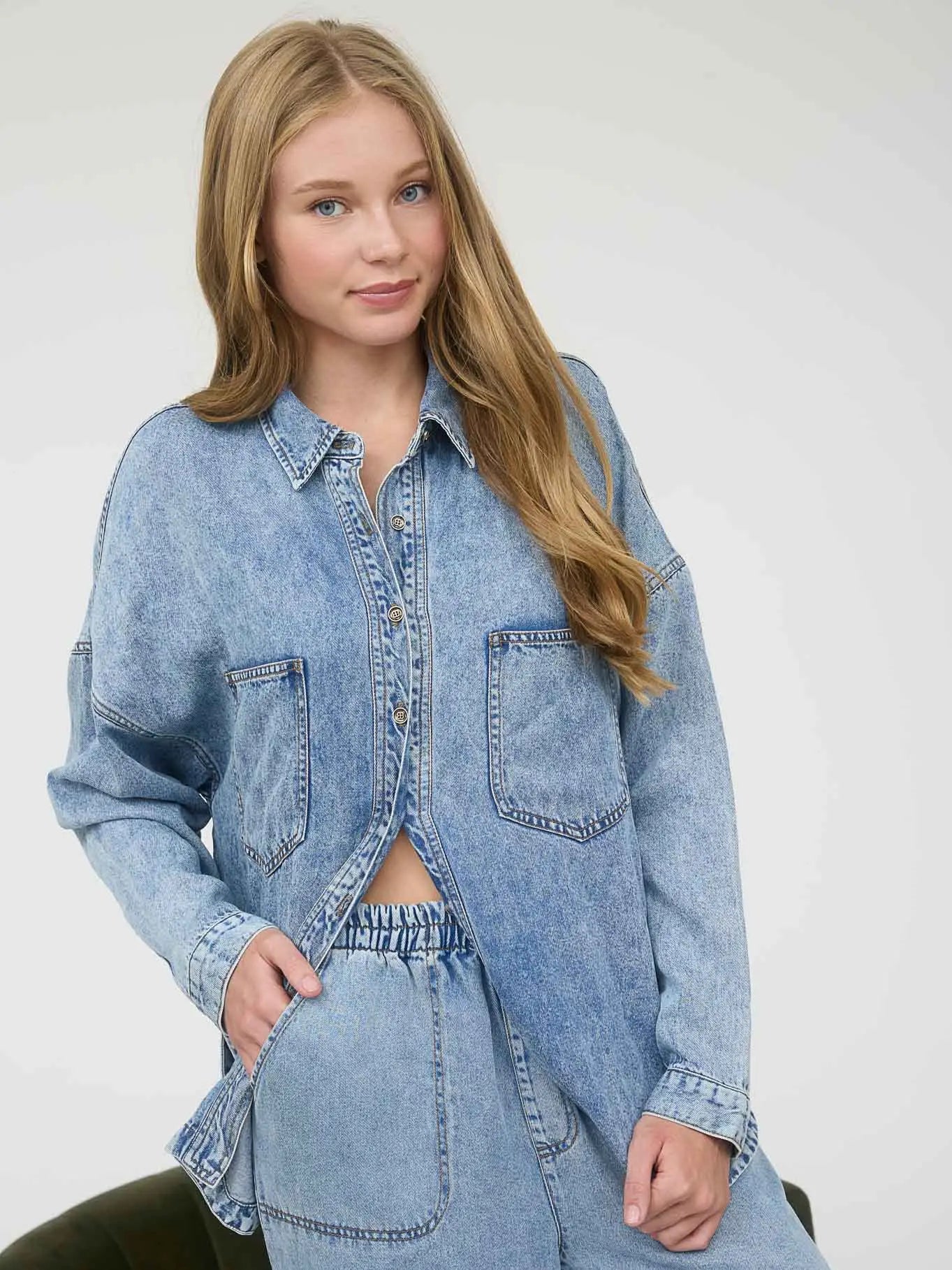 Chambray Button Down Long Sleeve Shirt