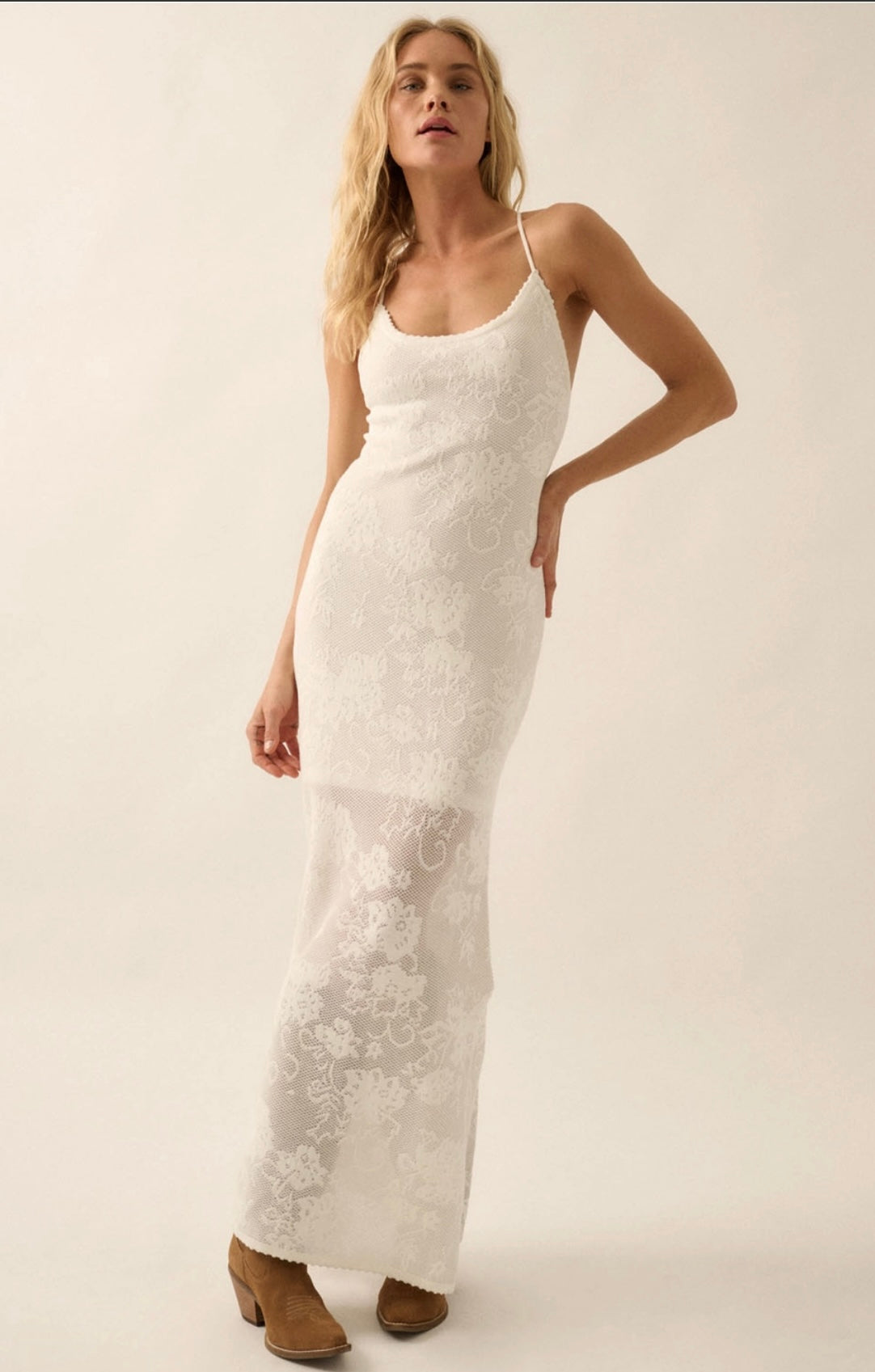 Floral Crochet-Knit Lace Halter Maxi