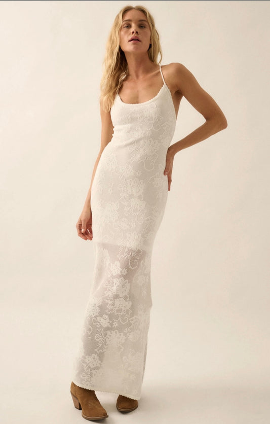 Floral Crochet-Knit Lace Halter Maxi