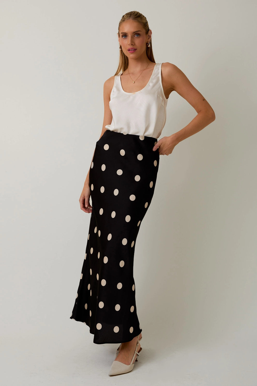 Satin Midi Skirt Polka Dot