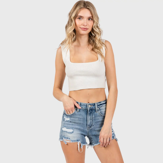 High Rise Patched Shorts w/ Frayed Hem