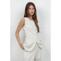 Soft Woven Button Down Vest with Side Trim Accent