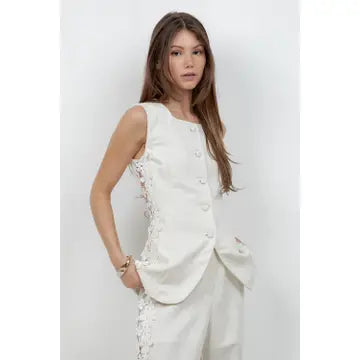 Soft Woven Button Down Vest with Side Trim Accent