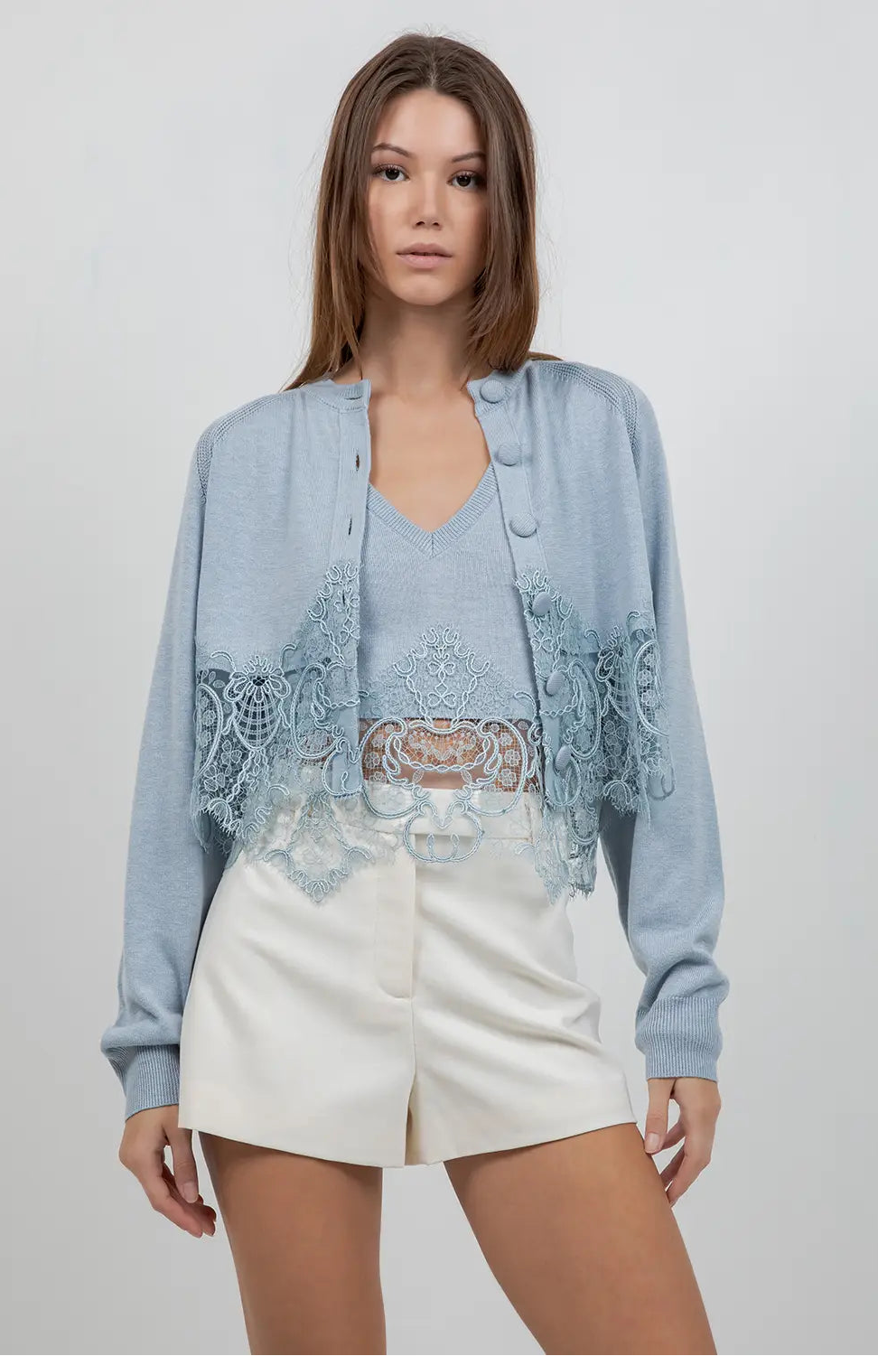 Knitted Sweater Cardigan with Lace Edge Detailing