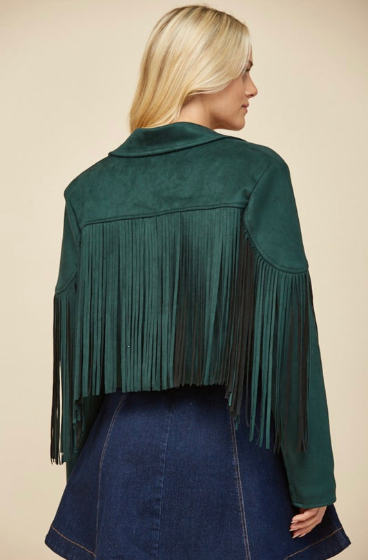 Boho Fringed Faux Suede Jacket - Hunter Green
