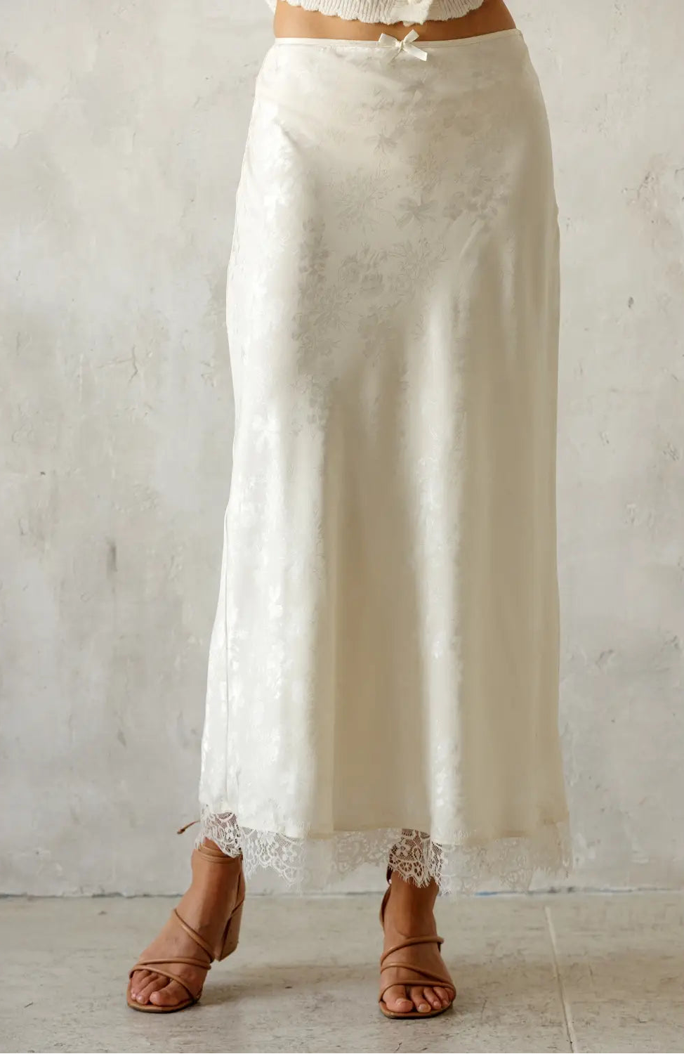 Floral Satin Lace Trim Midi Skirt