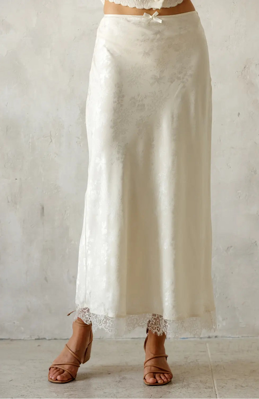 Floral Satin Lace Trim Midi Skirt