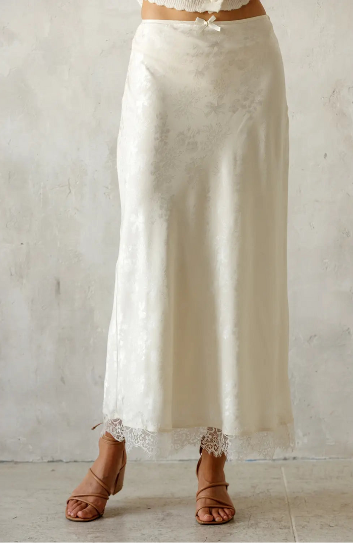 Floral Satin Lace Trim Midi Skirt