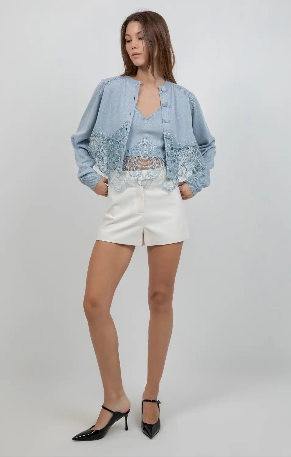 Knitted Sweater Cardigan with Lace Edge Detailing