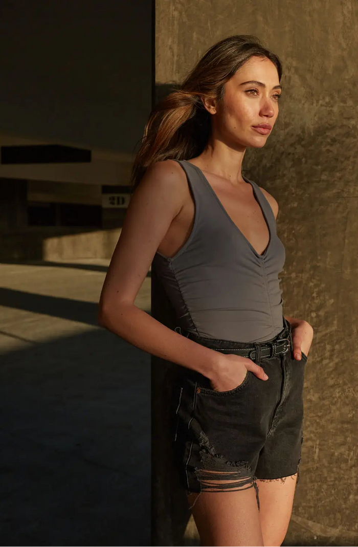 Lifted Fit Deep V Neck Ruch Bodice Knit Bodysuit