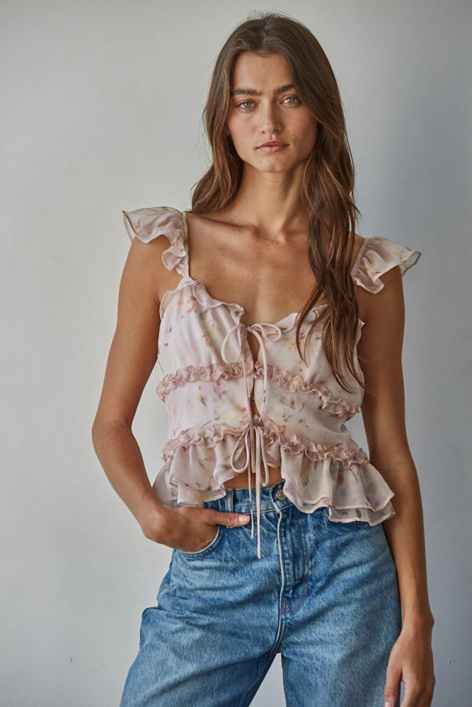 Floral Print V-Neck Ruffled Top