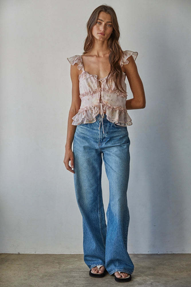 Floral Print V-Neck Ruffled Top