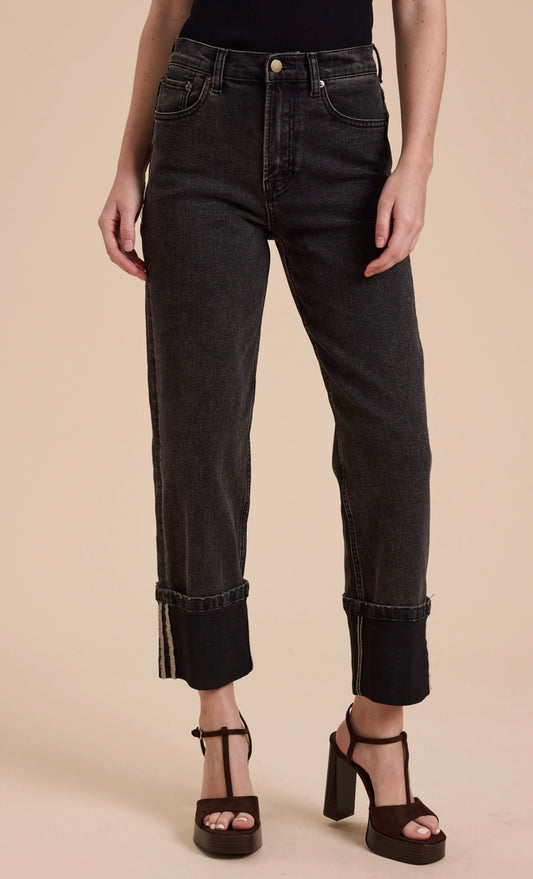 Cuffed Borrom Black Denim Pants