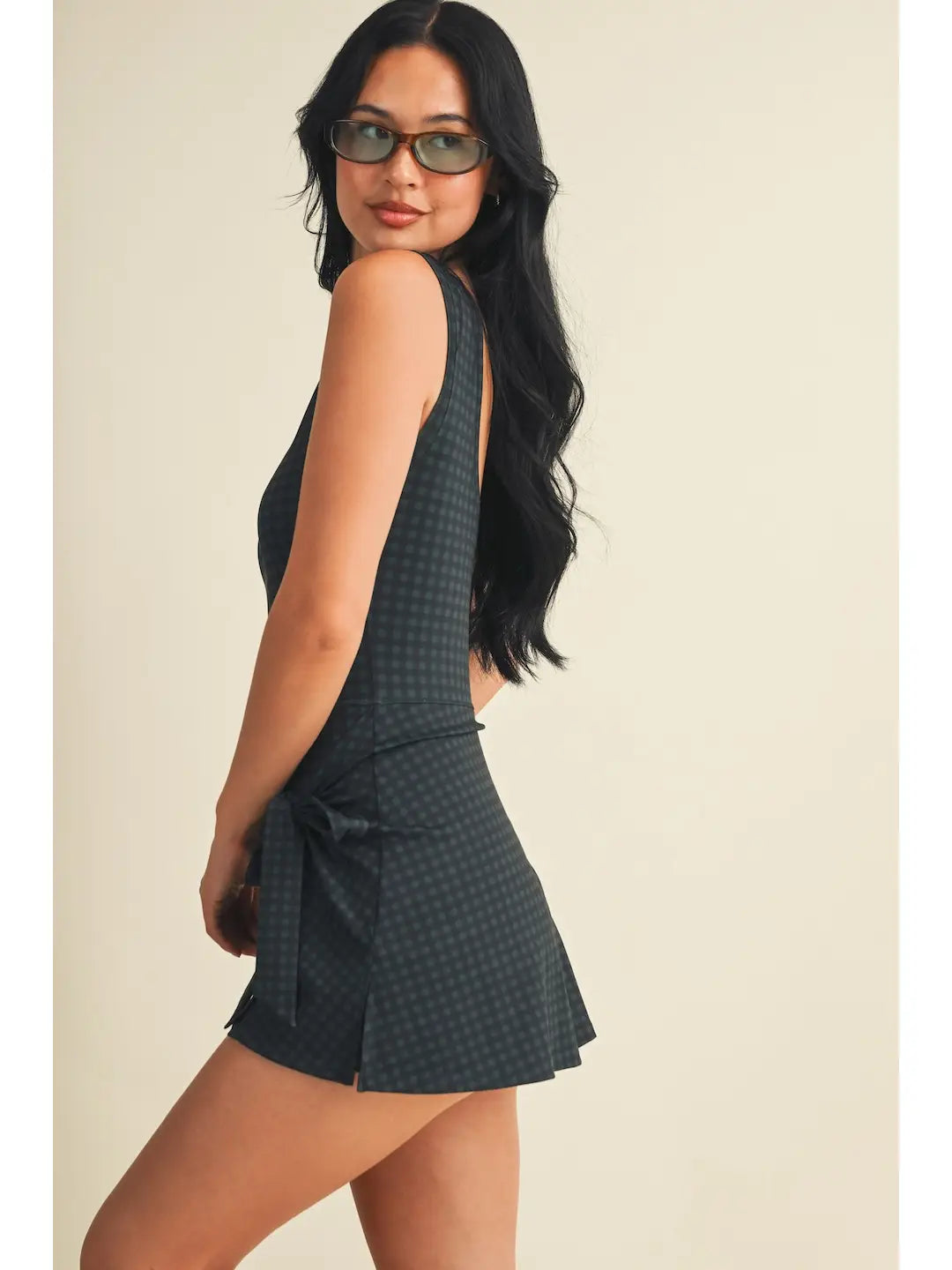 Gingham Print Sleeveless Wrap Tie Front Dress