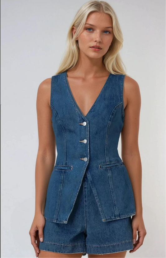Longline Button Up Denim Vest