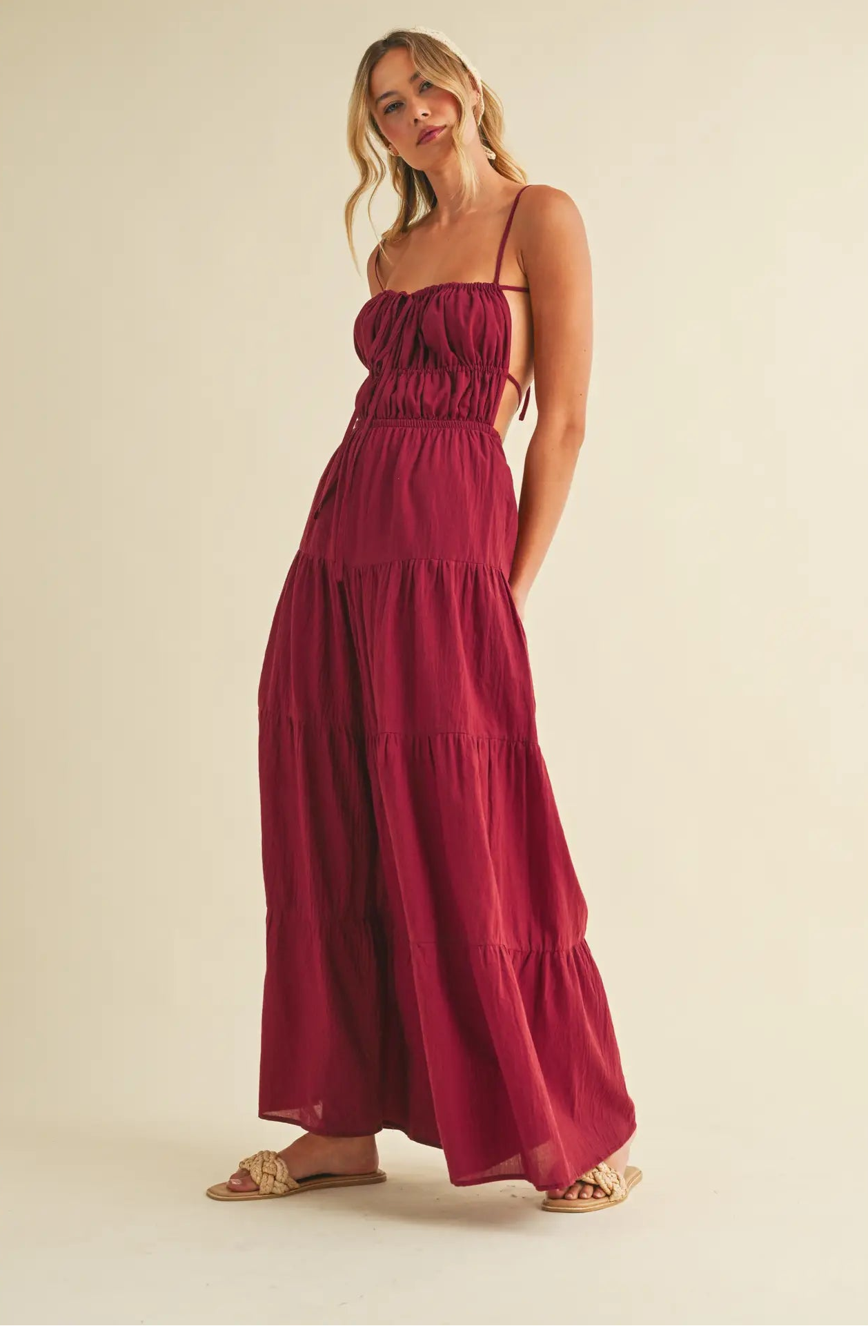 Crinkle Gauze Tiered Backless Jumpsuit
