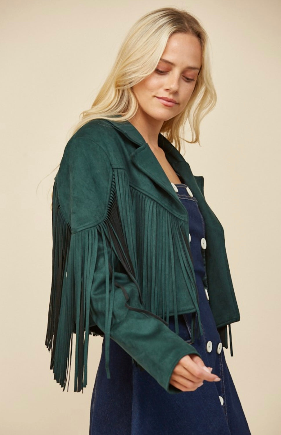 Boho Fringed Faux Suede Jacket - Hunter Green