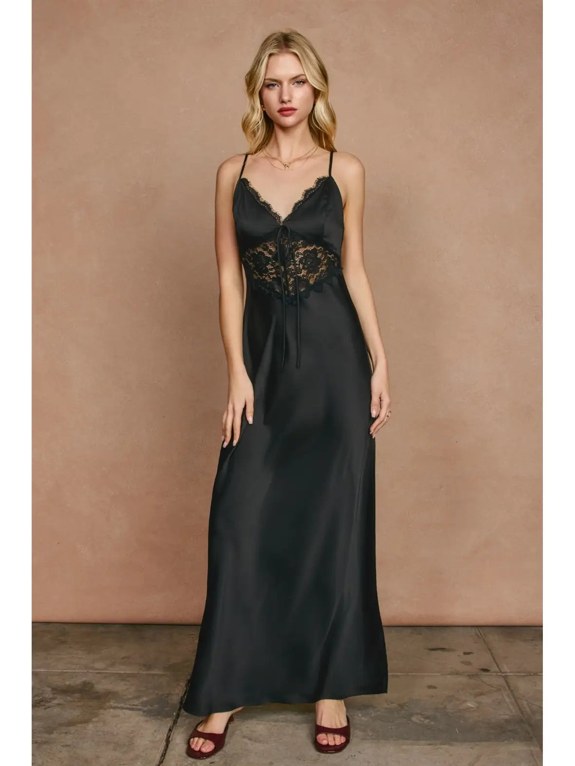 Dull Satin Lace Detail Maxi Dress