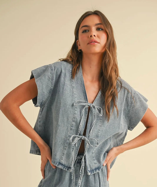 DENIM TIED FRONT BLOUSE