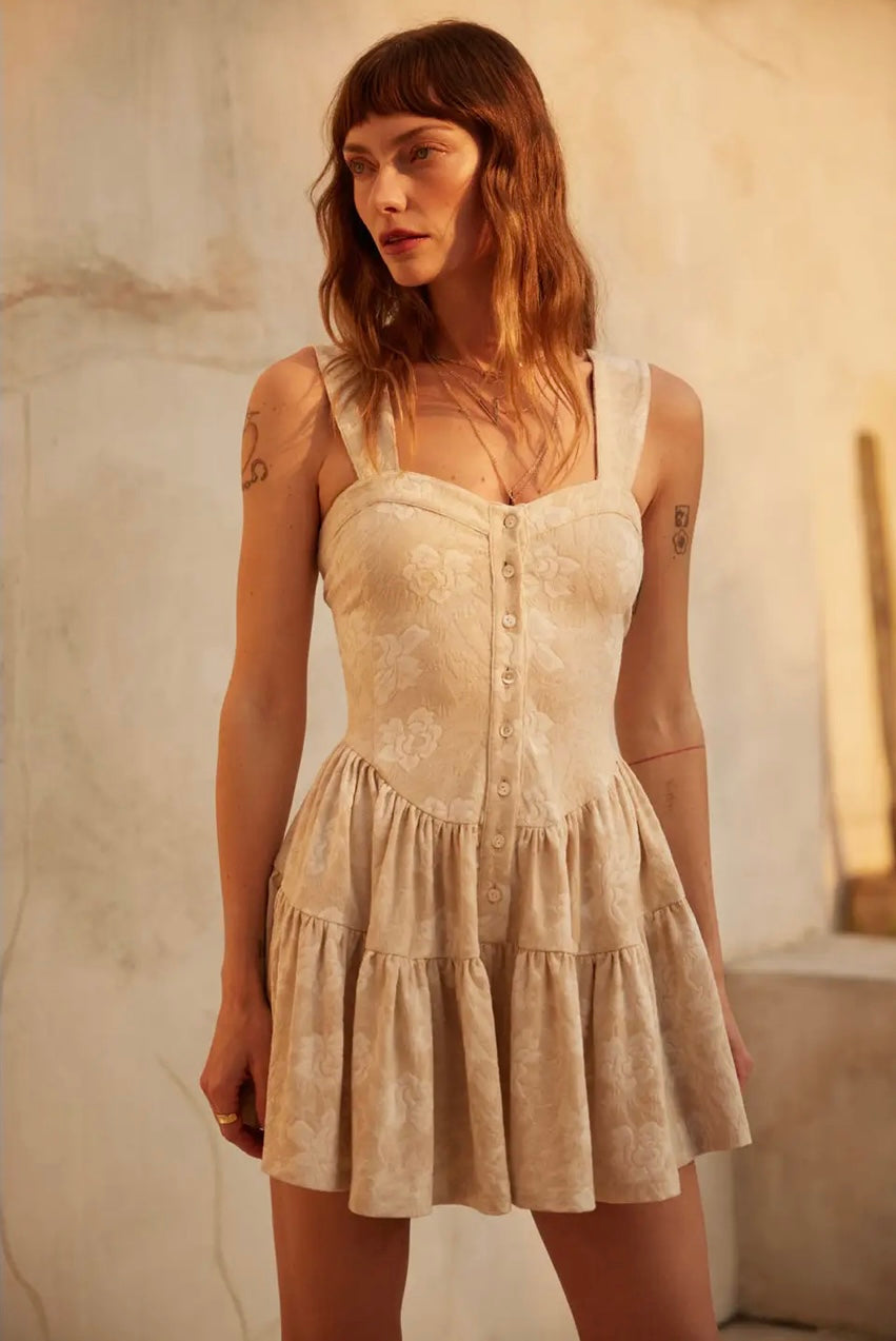 Floral Jacquard Tapestry Ruffled Romper Dress
