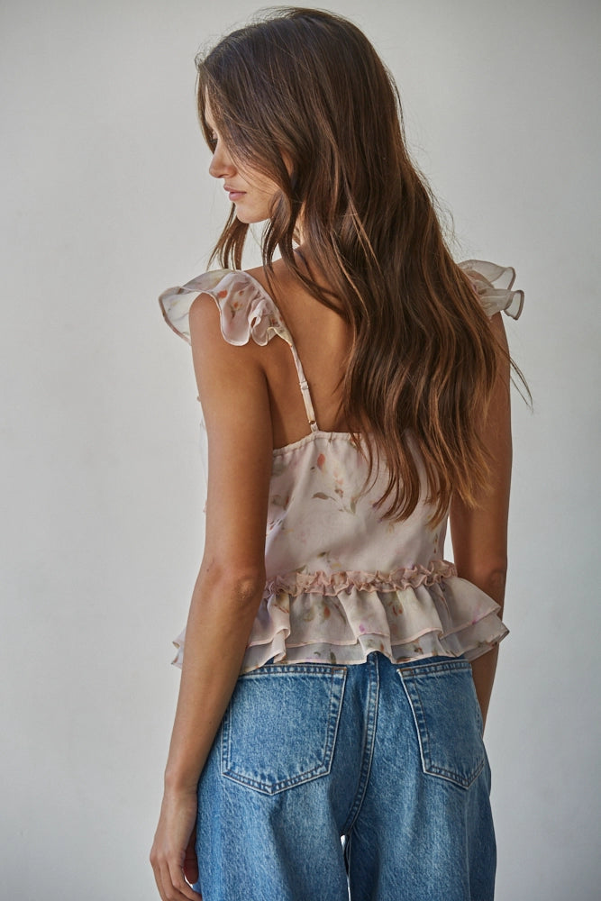 Floral Print V-Neck Ruffled Top
