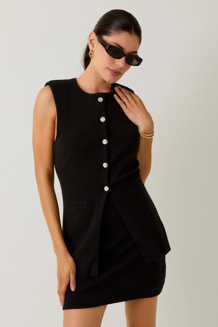 Power Shoulder Button Up Knit Vest & Sweater Skort