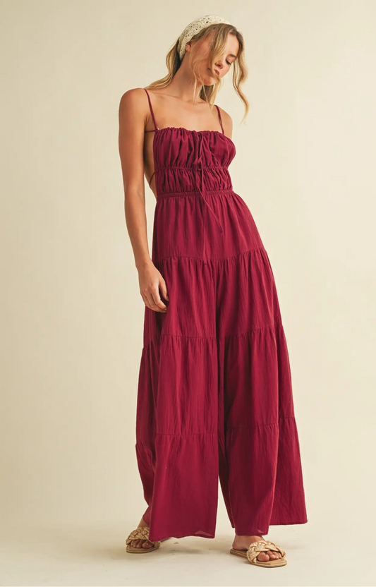 Crinkle Gauze Tiered Backless Jumpsuit