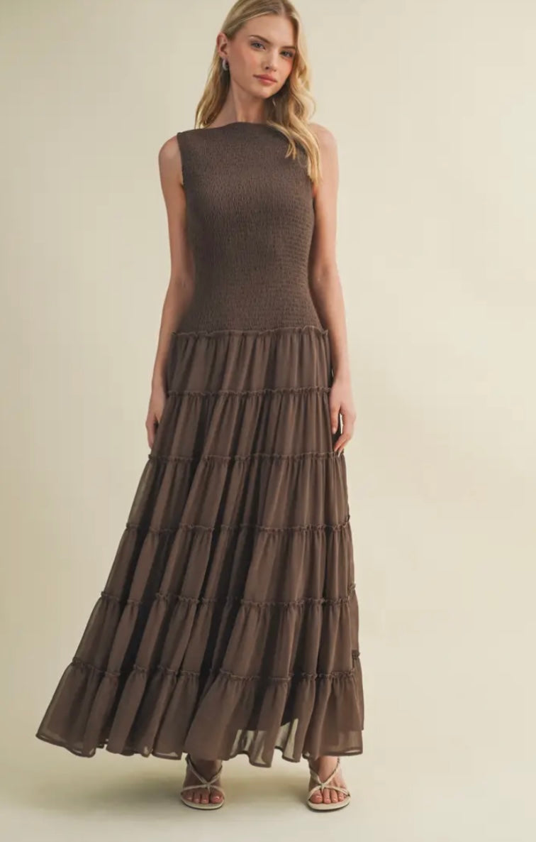 Smocked Boat Neck Maxi