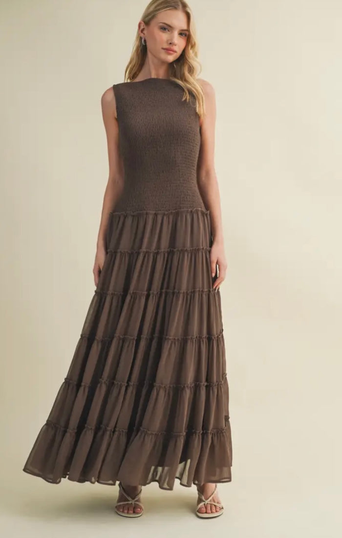 Smocked Boat Neck Maxi
