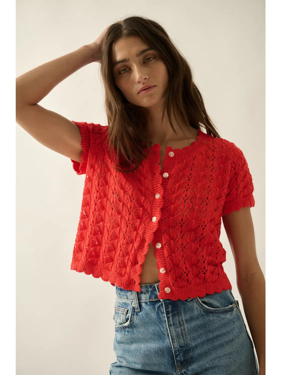 Pointelle Crochet-Knit Buttoned Short Sleeve Cardigan Top