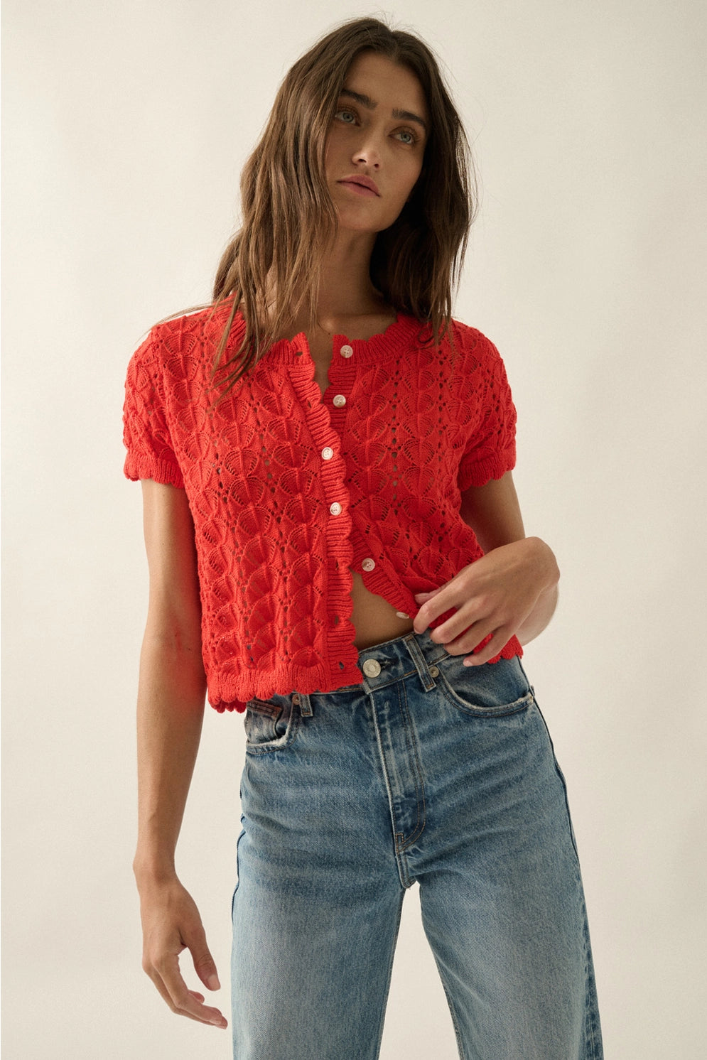 Pointelle Crochet-Knit Buttoned Short Sleeve Cardigan Top