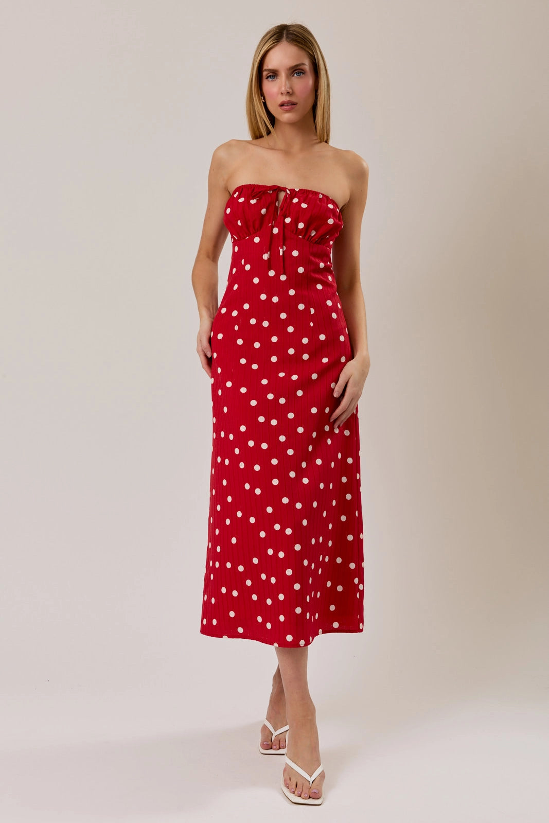 Strapless Polka Dot Midi Dress