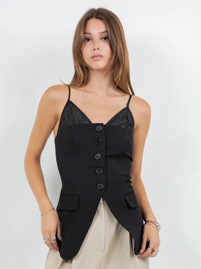 Combo Button Down Vest Top - Black
