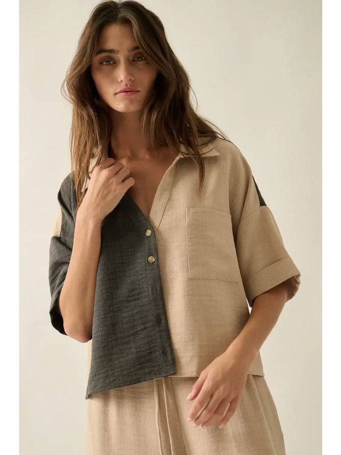 Woven Colorblock Button-Up