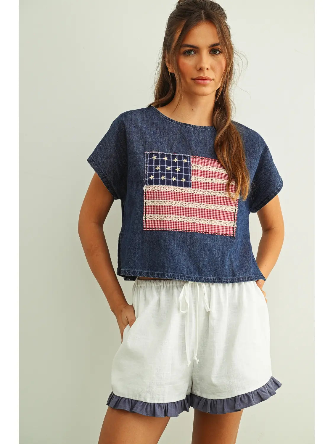 Mixed Fabric Flag Patched Top