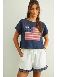 Mixed Fabric Flag Patched Top
