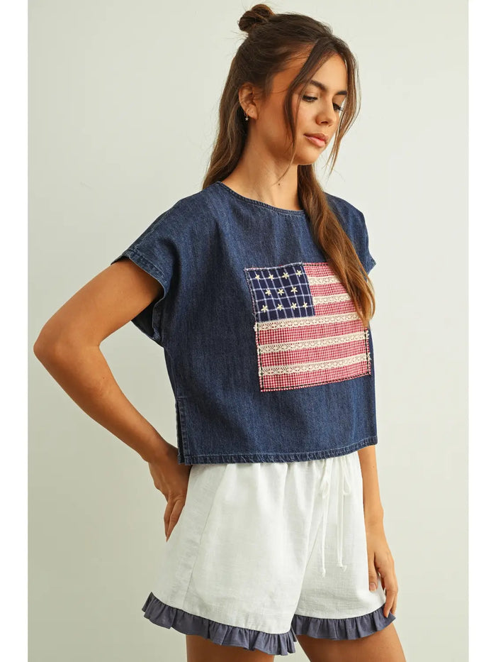 Mixed Fabric Flag Patched Top