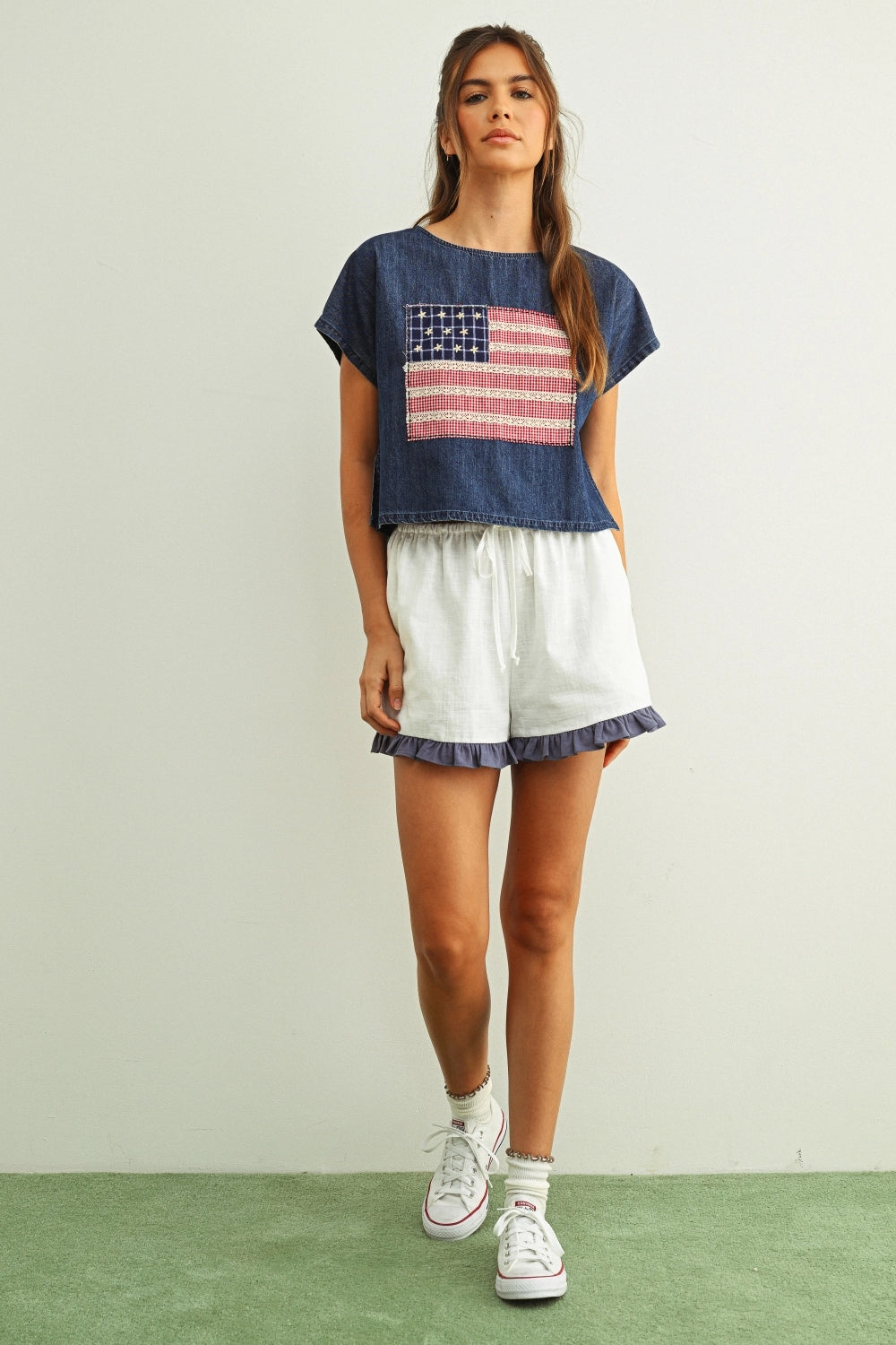 Mixed Fabric Flag Patched Top