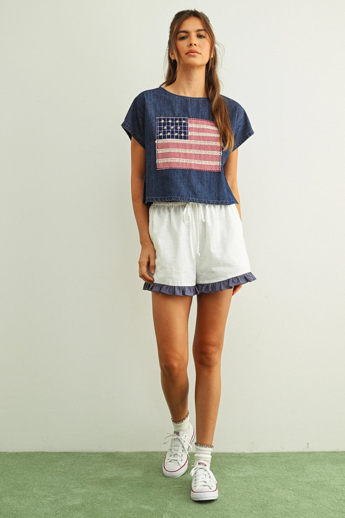 Mixed Fabric Flag Patched Top