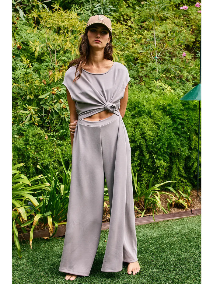Solid Scuba Open Front Wide Leg Jumpsuit