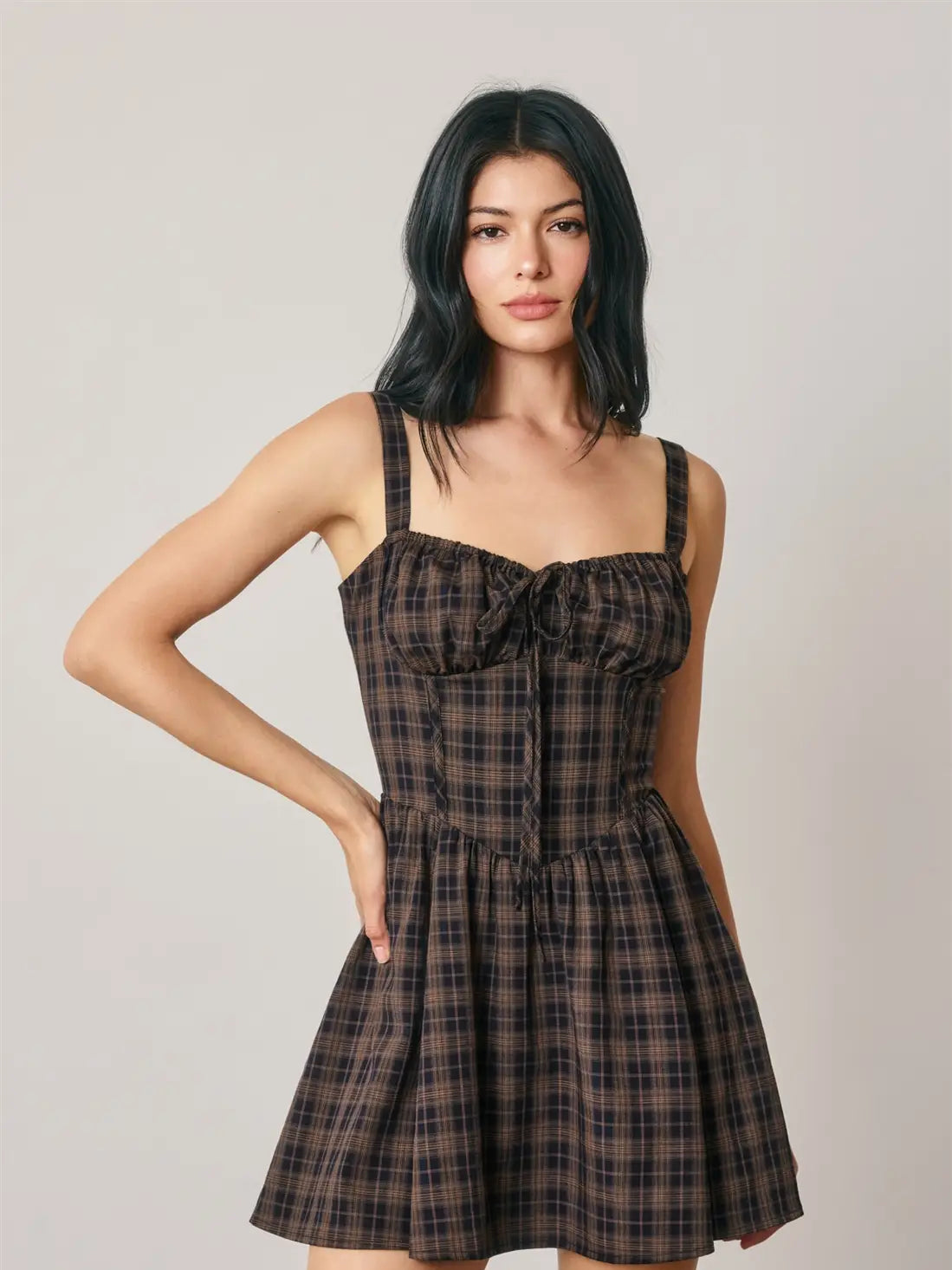 Plaid Sweetheart Corset Dipped Waist Mini Dress