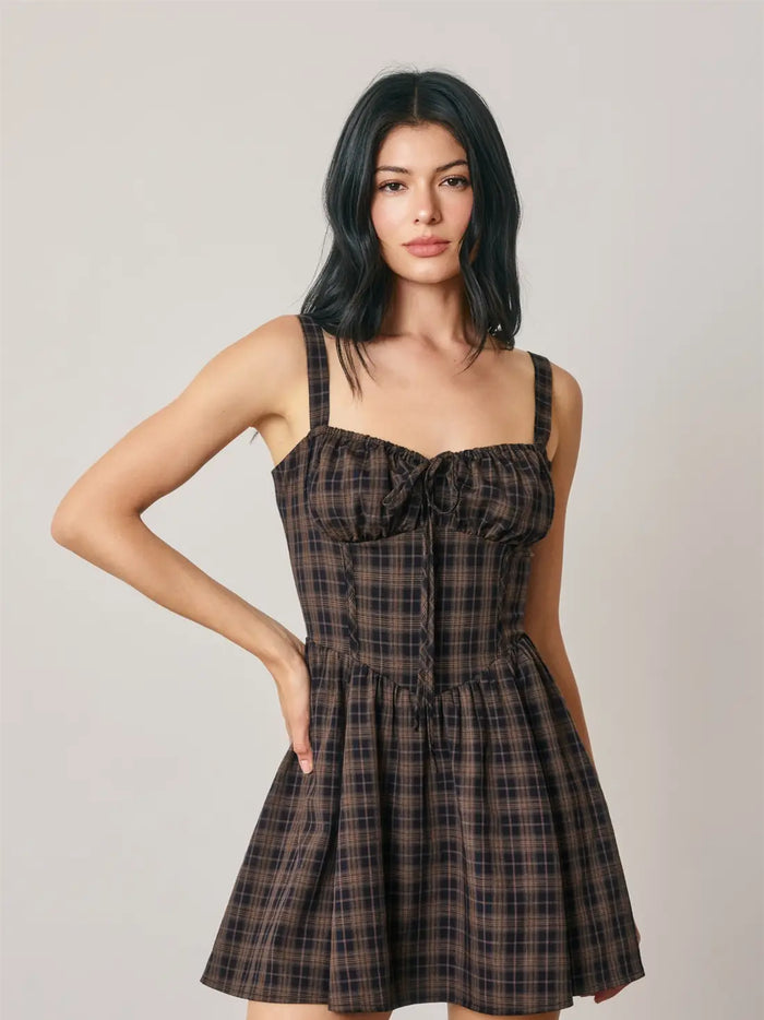 Plaid Sweetheart Corset Dipped Waist Mini Dress