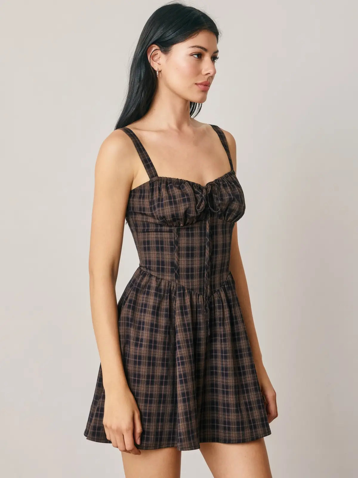 Plaid Sweetheart Corset Dipped Waist Mini Dress