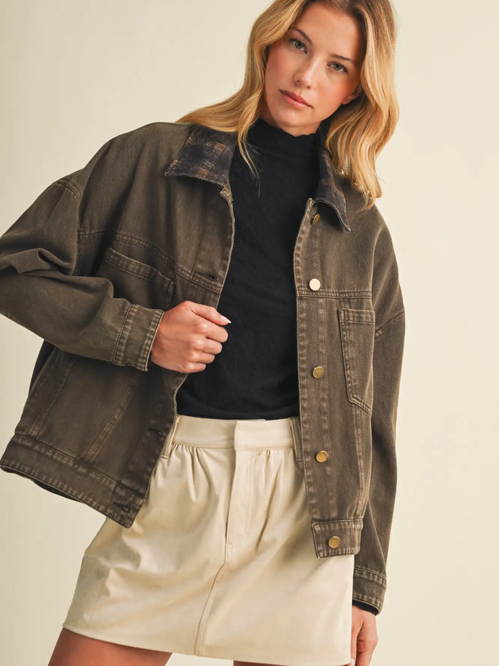 Plaid Collar Vintage Washed Jacket