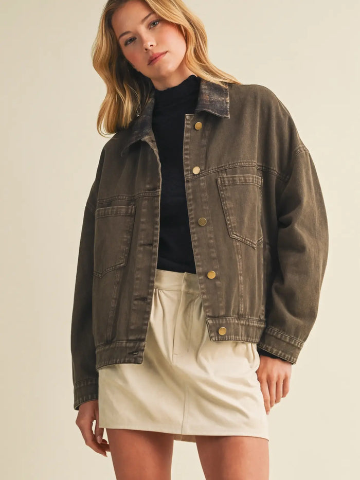 Plaid Collar Vintage Washed Jacket