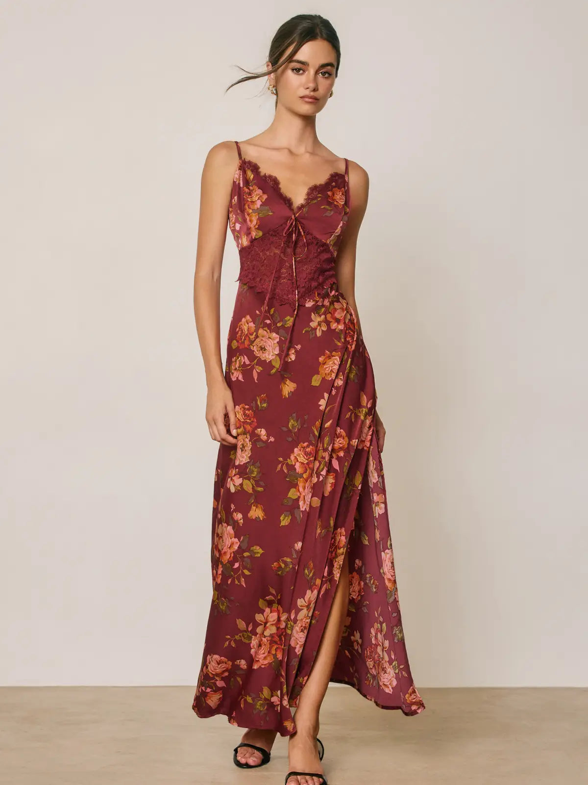 Floral Satin Lace Detail Maxi Slip Dress