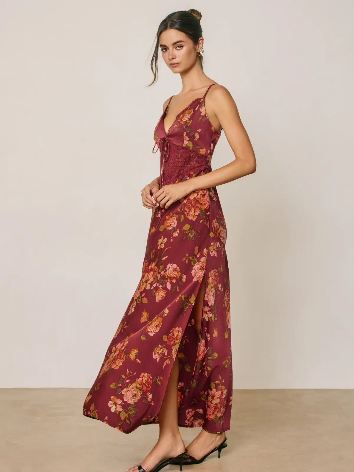 Floral Satin Lace Detail Maxi Slip Dress